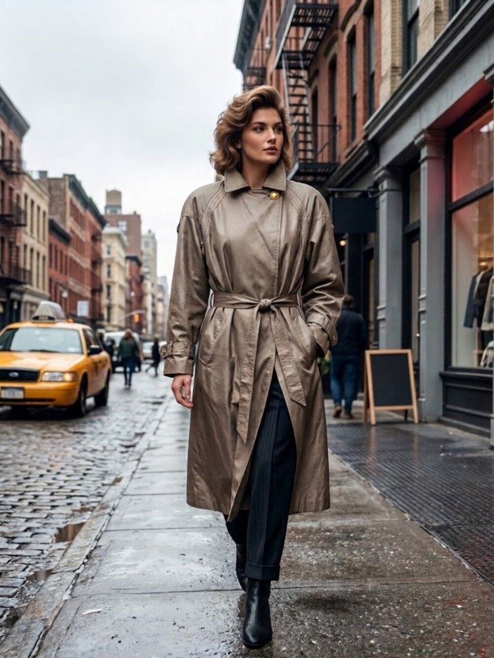 Vintage British Mist 16 Womens Metallic Taupe Long Trench Coat Belted 80s 90s